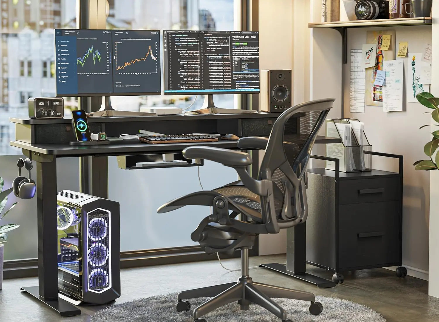 55 X 24 Inch Height Adjustable Electric Standing Desk with Double Drawer, Stand up Home Office Computer Desk with 4 Height-Adjustable Feets & 2 Hooks, Black