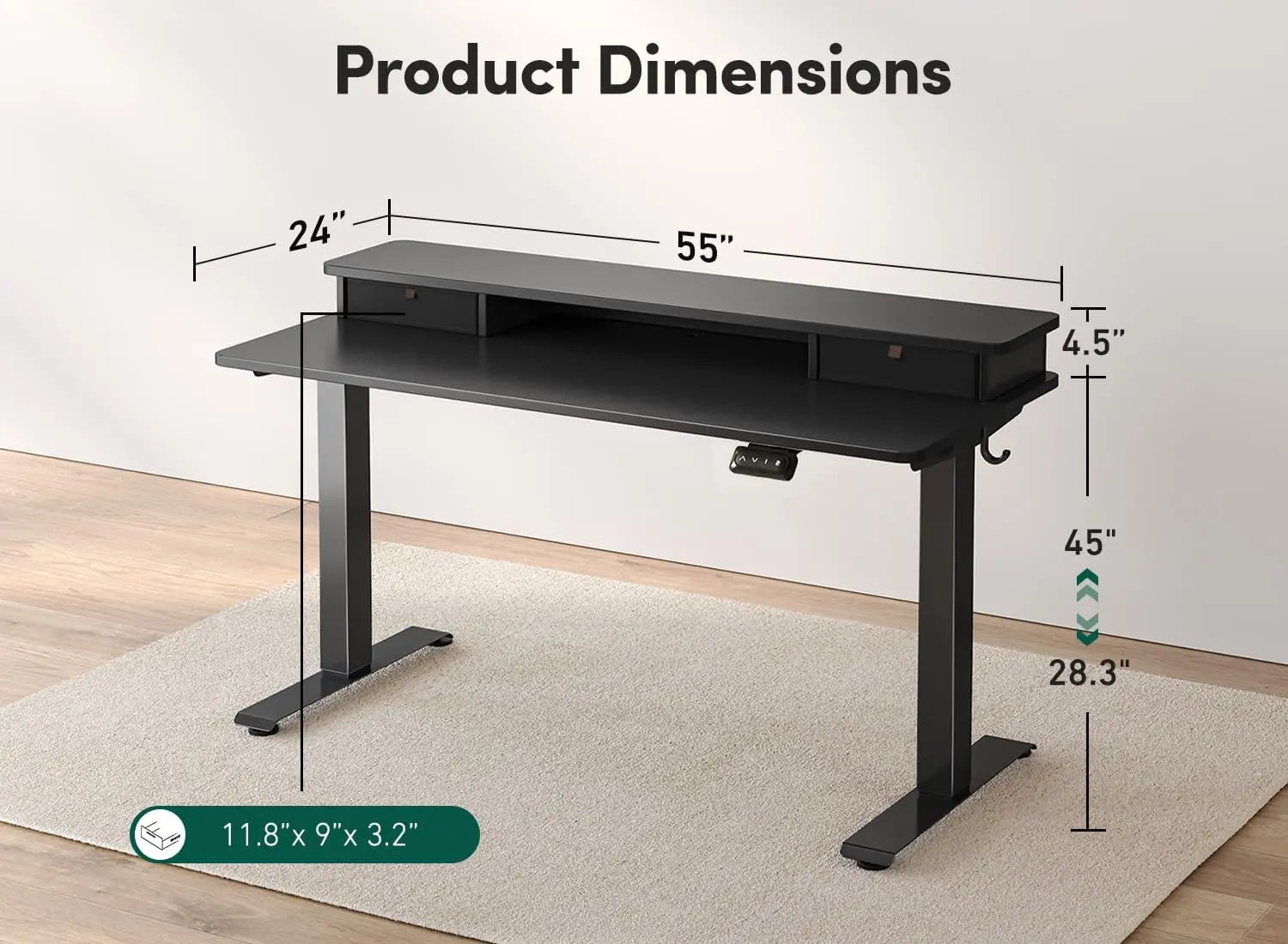55 X 24 Inch Height Adjustable Electric Standing Desk with Double Drawer, Stand up Home Office Computer Desk with 4 Height-Adjustable Feets & 2 Hooks, Black