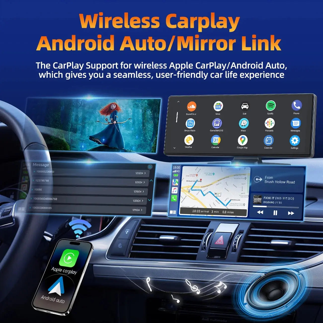 Portable Touchscreen Apple Carplay, 9.26" Wireless Carplay Screen for Car, Portable GPS Navigation for Car, Car Stereo with Airplay, AUX/FM, Googel, Siri, Bluetooth
