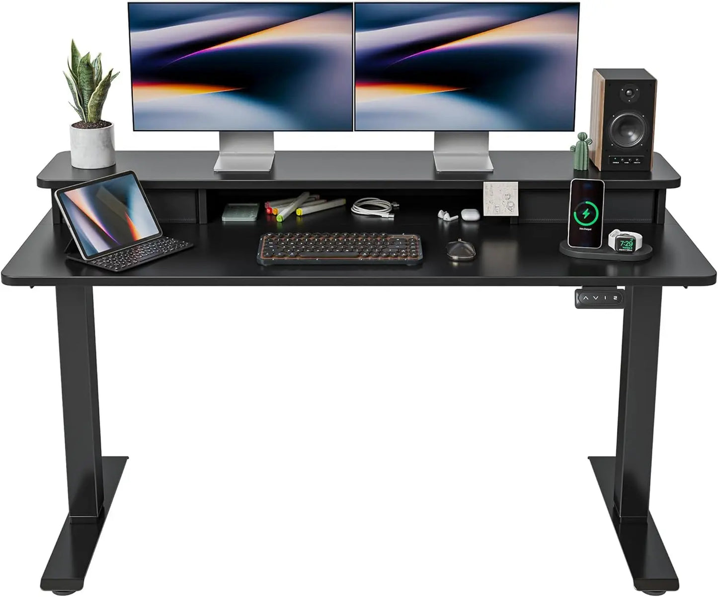55 X 24 Inch Height Adjustable Electric Standing Desk with Double Drawer, Stand up Home Office Computer Desk with 4 Height-Adjustable Feets & 2 Hooks, Black