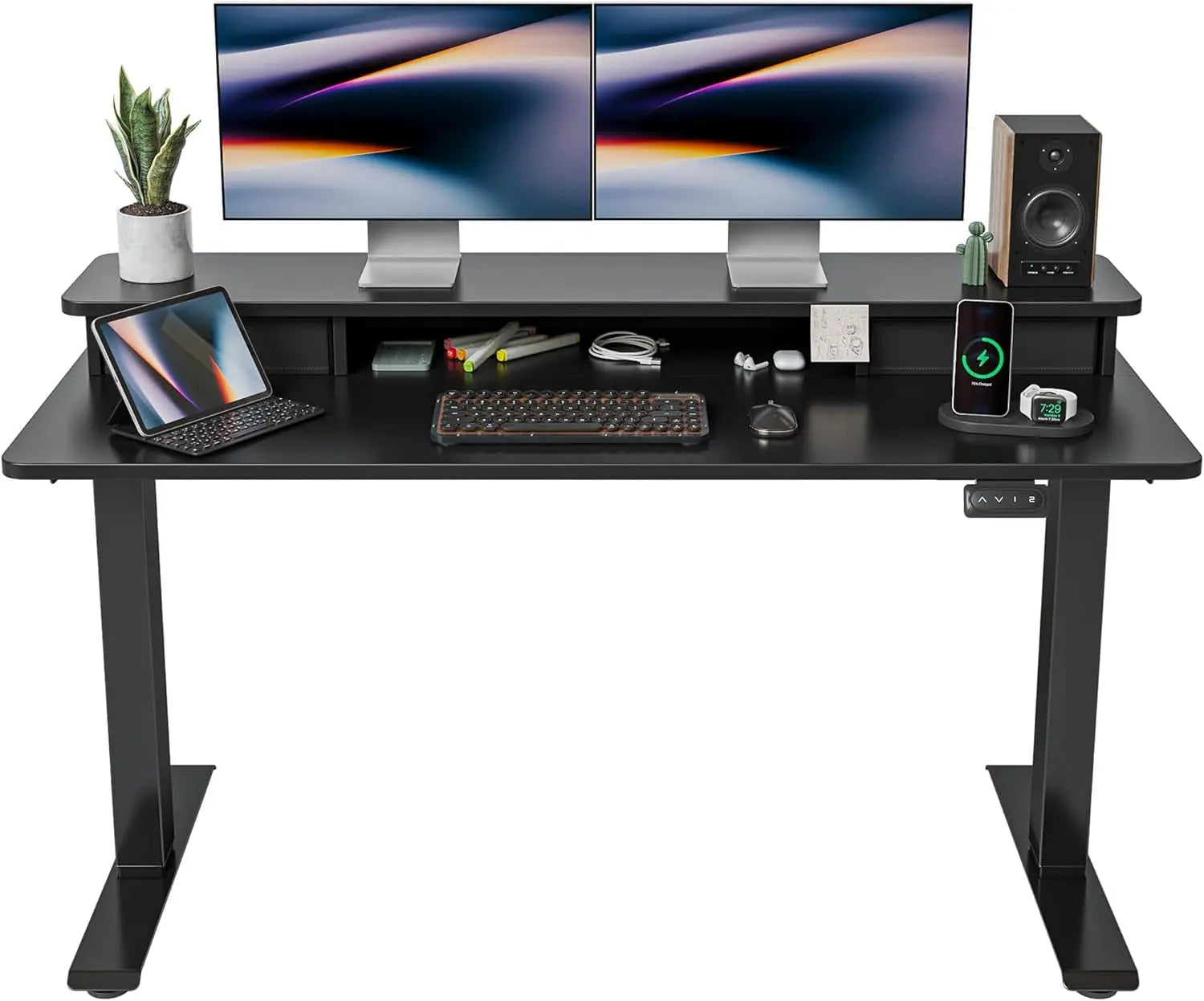55 X 24 Inch Height Adjustable Electric Standing Desk with Double Drawer, Stand up Home Office Computer Desk with 4 Height-Adjustable Feets & 2 Hooks, Black