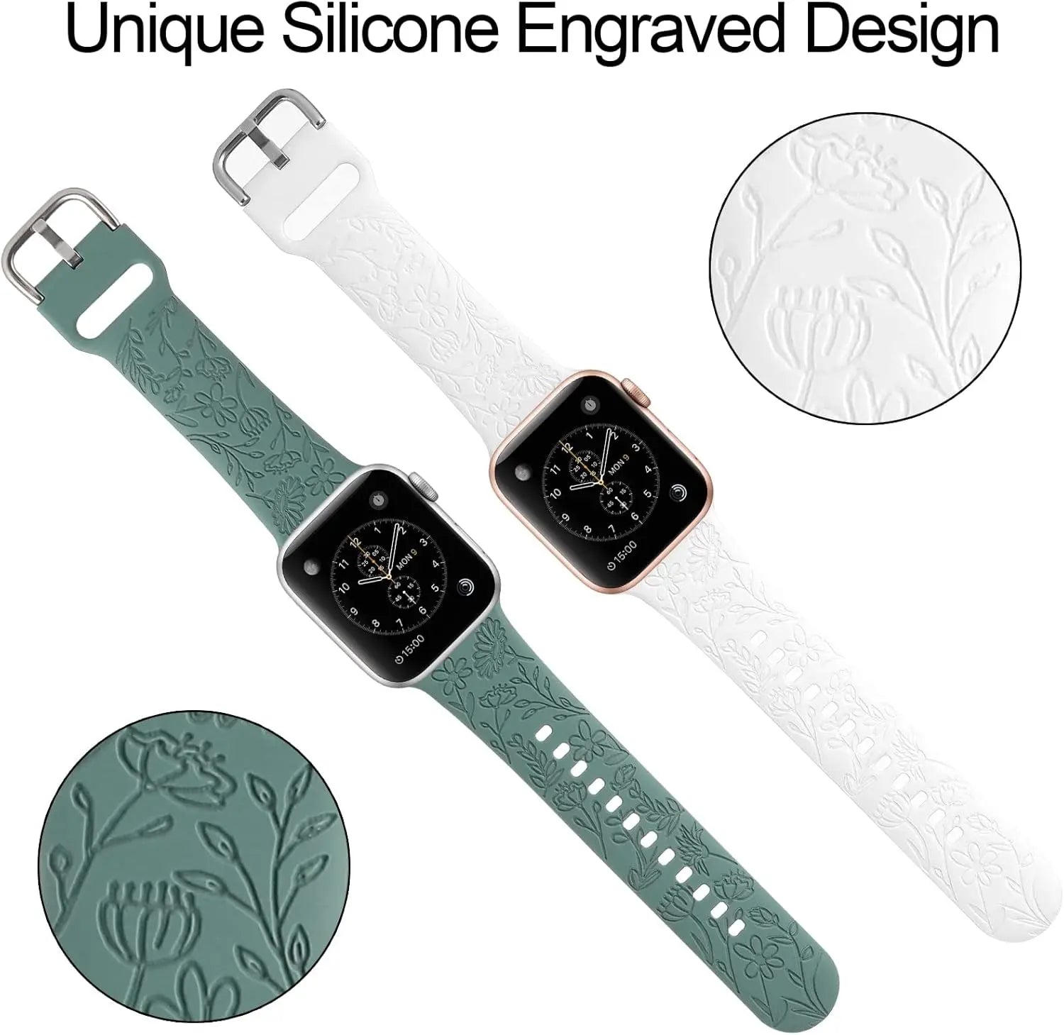 2 Pack Flower Engraved Sport Strap Compatible with Apple Watch Bands 38Mm 40Mm 41Mm, Women Floral Laser Soft Silicone Wristband Replacement Iwatch Series 10 9 8 7 6 5 4 3 2 1 SE