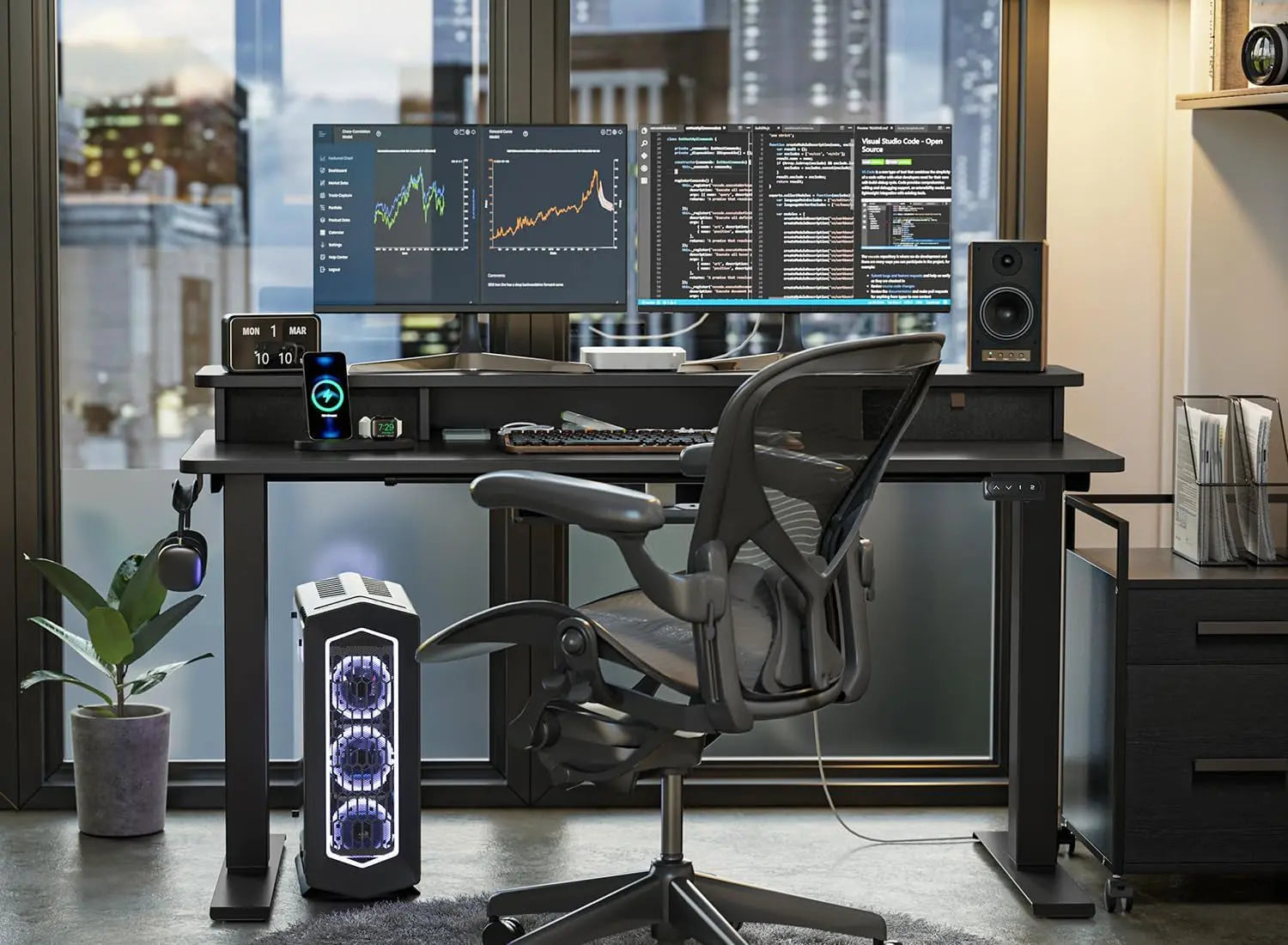 55 X 24 Inch Height Adjustable Electric Standing Desk with Double Drawer, Stand up Home Office Computer Desk with 4 Height-Adjustable Feets & 2 Hooks, Black