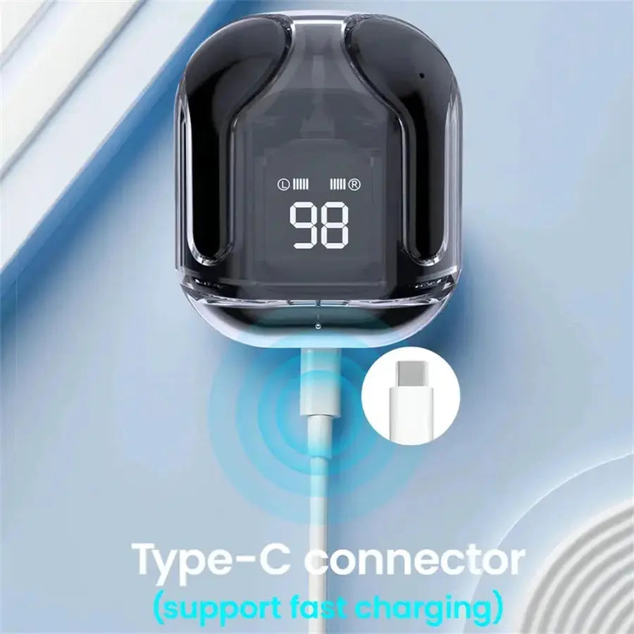 Original T2 Wireless Bluetooth Earphone Transparent HIFI Headphones LED Power Digital Display Stereo Sound Earphones for Phone