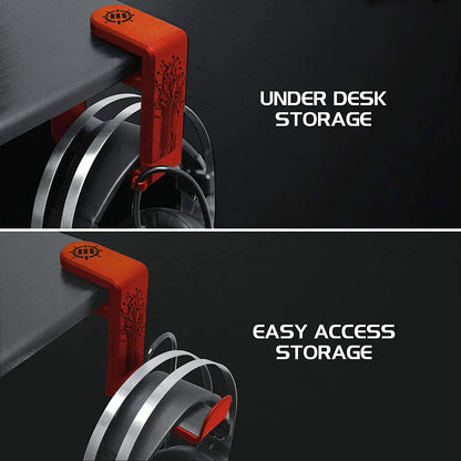 PC Gaming Headset Holder - Desk Headphone Hanger with Adjustable 360 Rotation, under Desk Headphone Hook Clamp, Universal Fit - Built in Cable Clip Organizer - Red